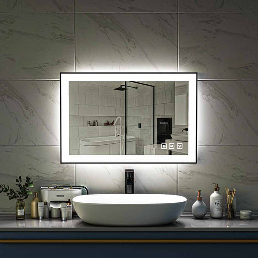36'' W x 24'' H LED Bathroom Mirror, Fog Free, Dimmable, Black Frame, Front Light & Backlit