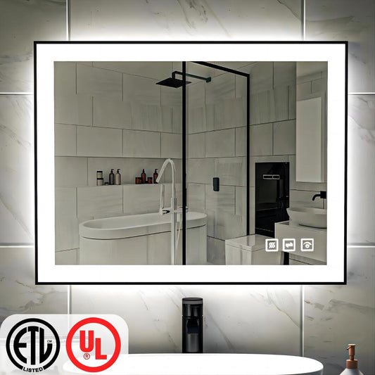 36'' W x 28'' H LED Bathroom Mirror, Fog Free, Dimmable, Black Frame, Front Light & Backlit