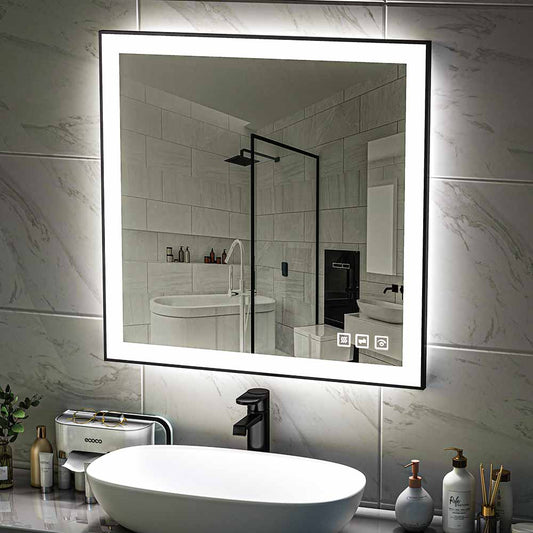 36'' W x 36'' H LED Bathroom Mirror, Fog Free, Dimmable, Black Frame, Front Light & Backlit