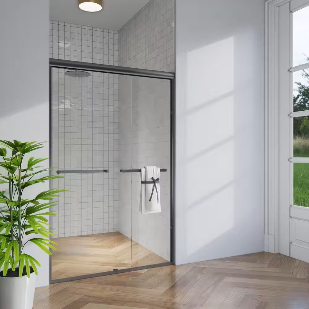 Toolkiss 50’’ to 54’’W x72’’H Semi Frameless Sliding Shower Door, Double Sliding, Matte Black