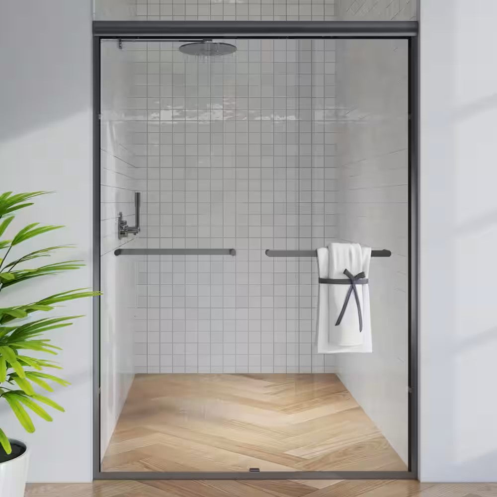 Toolkiss 50’’ to 54’’W x72’’H Semi Frameless Sliding Shower Door, Double Sliding, Matte Black