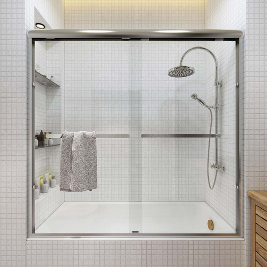 Toolkiss Semi Frameless Sliding Tub Shower Door 56’’ to 60’’ W x 58’’ H, Brush Nickel