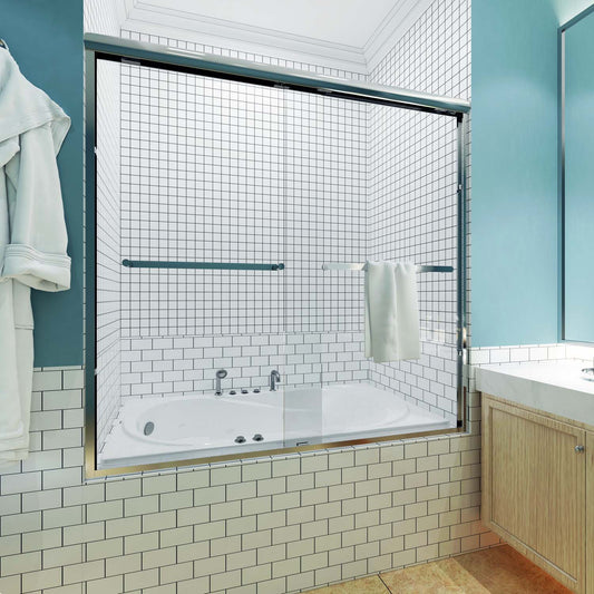 Toolkiss Semi Frameless Sliding Tub Shower Door 56’’ to 60’’ W x 58’’ H, Chrome