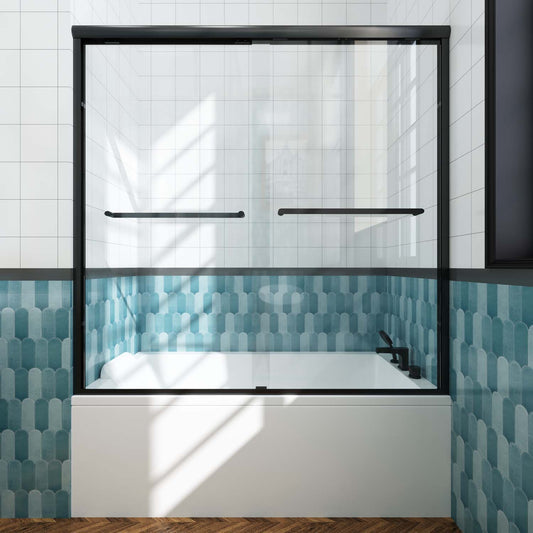 Toolkiss Semi Frameless Sliding Tub Shower Door 56’’ to 60’’ W x 58’’ H, Matte Black
