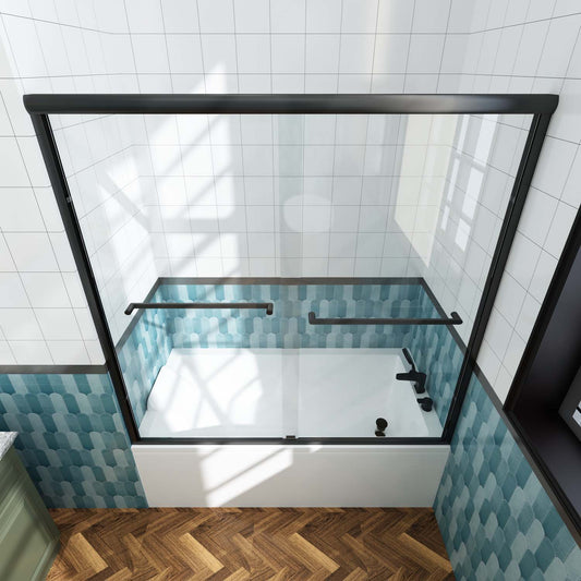 Toolkiss Semi Frameless Sliding Tub Shower Door 56’’ to 60’’ W x 58’’ H, Matte Black