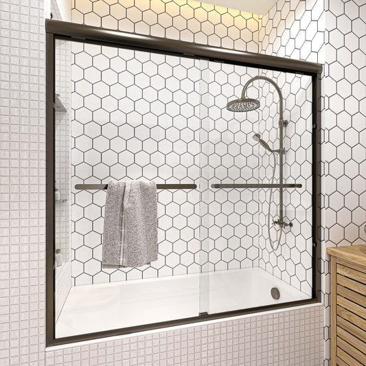Toolkiss Semi Frameless Sliding Tub Shower Door 56’’ to 60’’ W x 58’’ H, Oil Rubbed Bronze