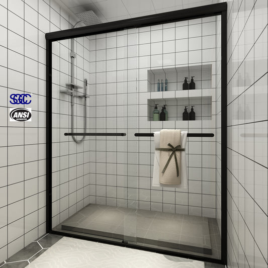 Toolkiss 56’’ to 60’’W x72’’H Semi Frameless Sliding Shower Door, Matte Black, Clear Glass
