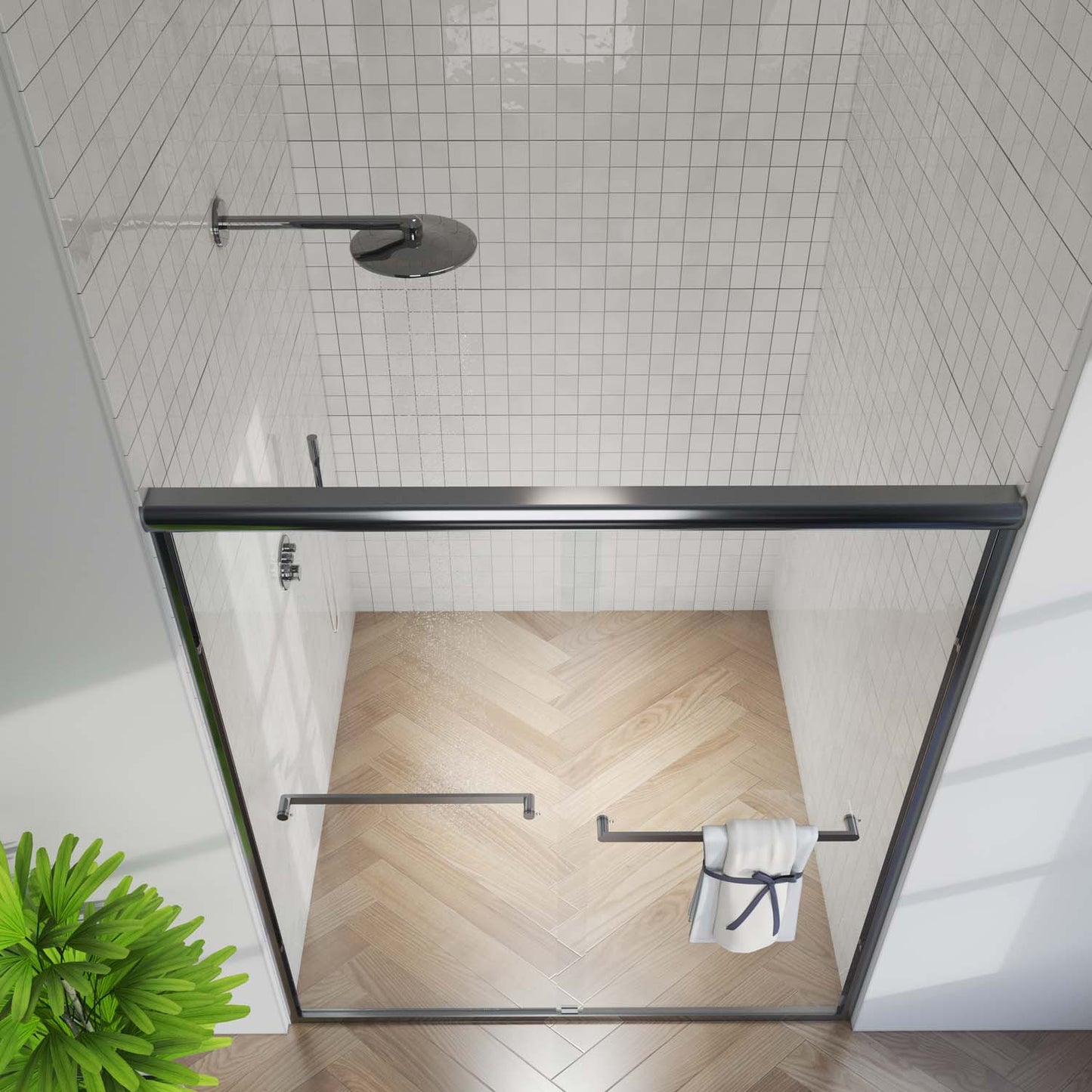 Toolkiss 56’’ to 60’’W x72’’H Semi Frameless Sliding Shower Door, Matte Black, Clear Glass