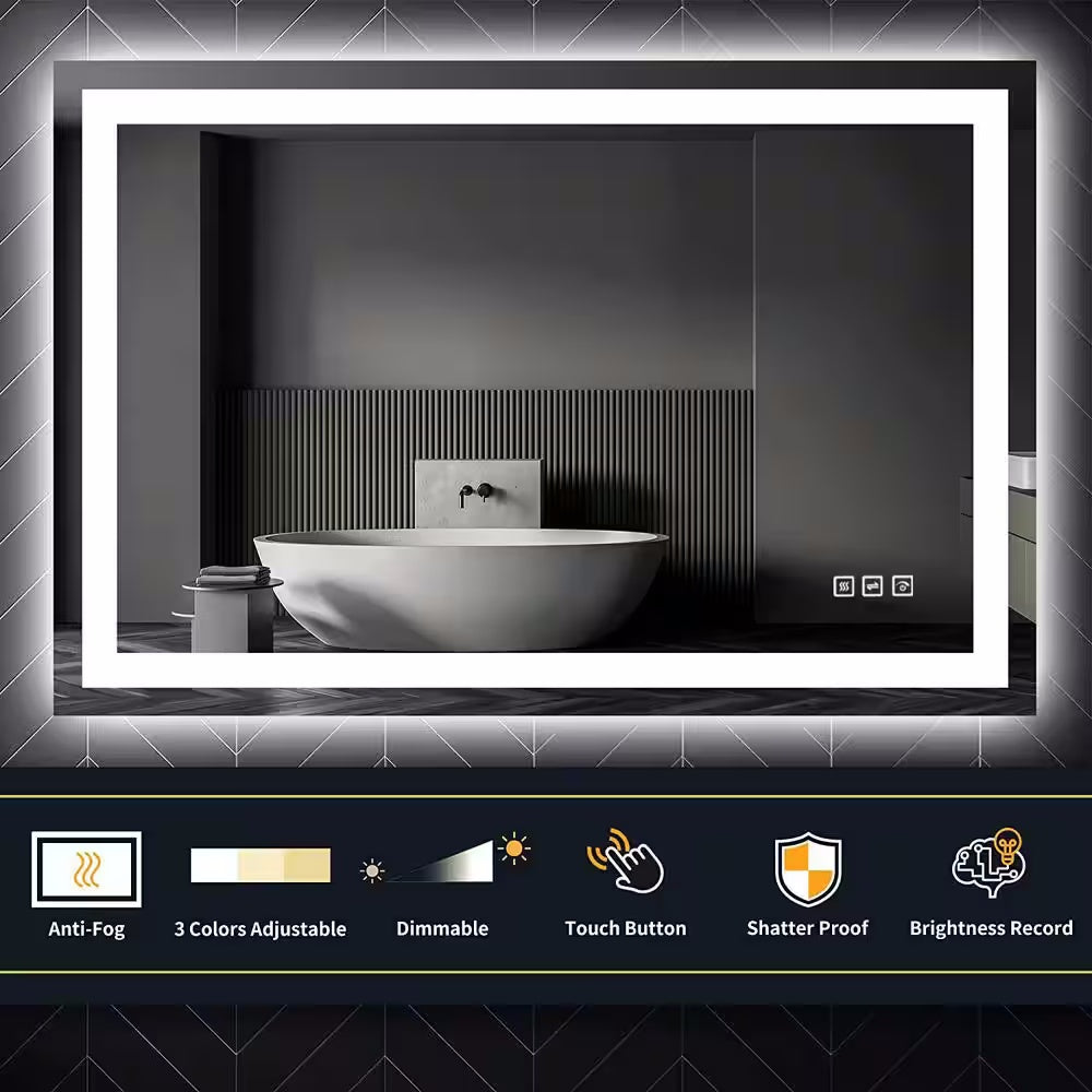 40 in. W x 32 in. H LED Large Rectangular Frameless Anti-Fog Bathroom Mirror Front & Backlit