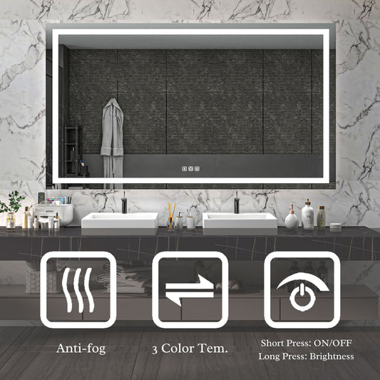 60 in. W x 36 in. H LED Rectangular Frameless Anti-Fog Bathroom Mirror Front Light