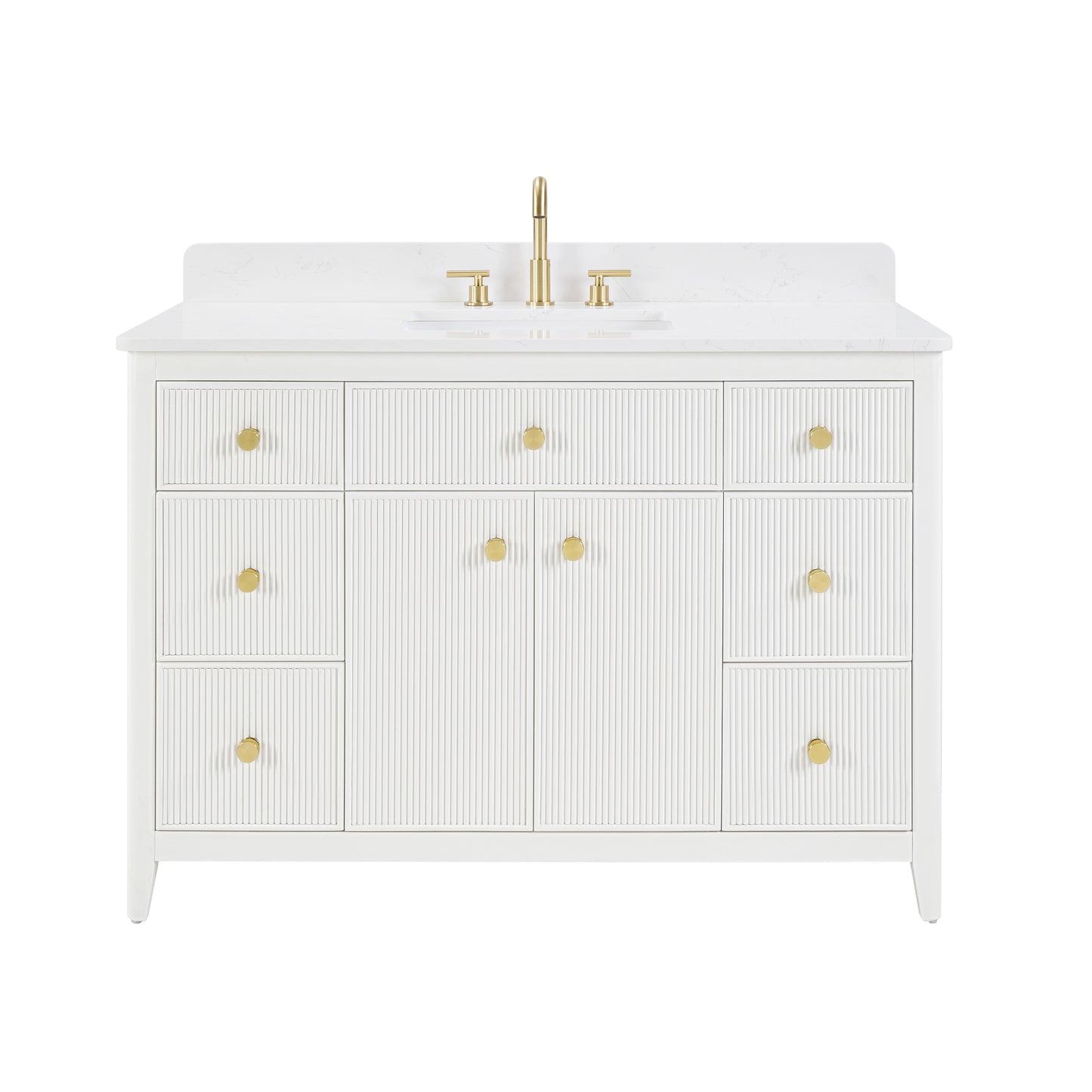 48" White Fluted Bathroom Vanity with Carrara White Engineered Stone Top, Undermount Sink, Solid Wood Frame, Soft-Close Doors, 7 Drawers & Fully Assembled