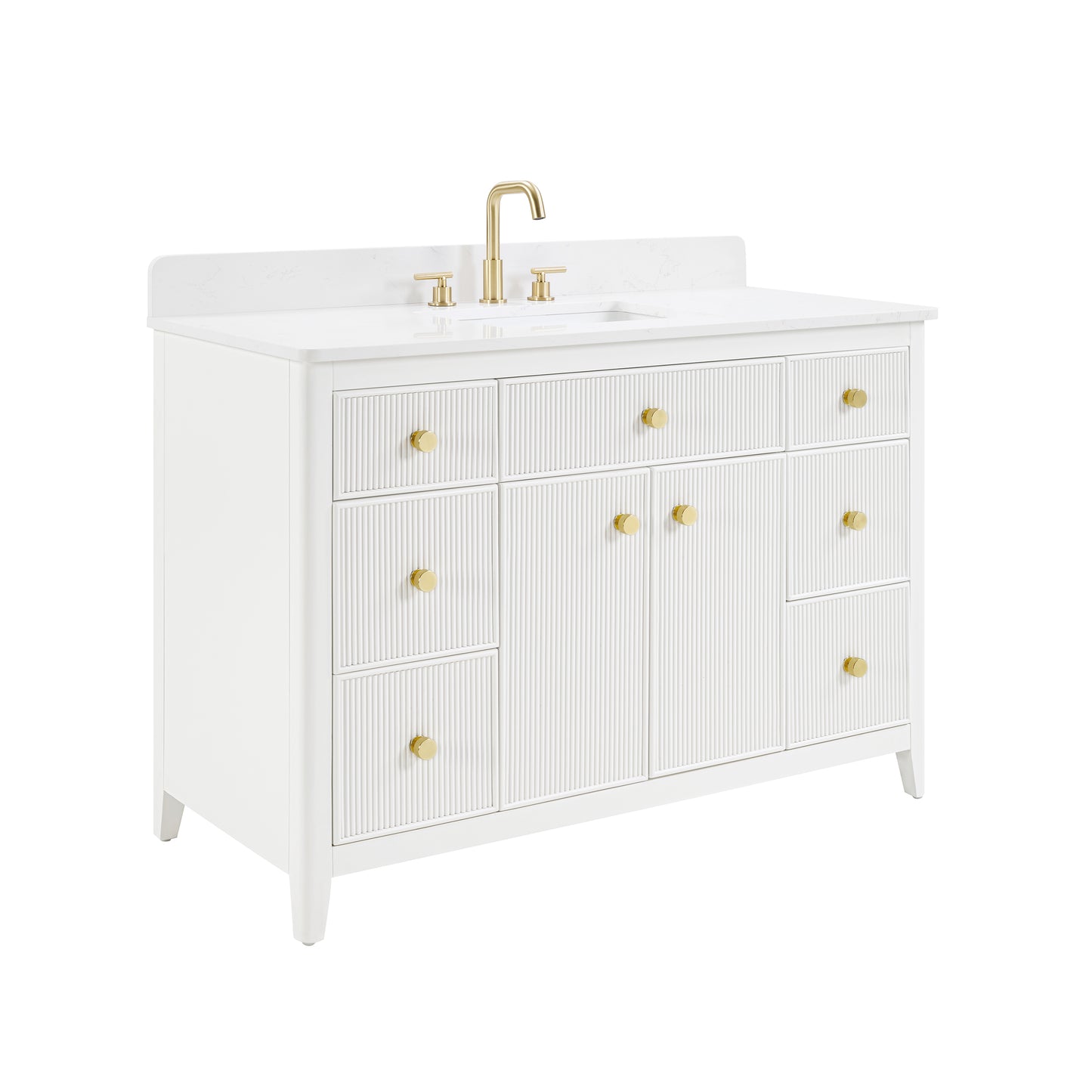 48" White Fluted Bathroom Vanity with Carrara White Engineered Stone Top, Undermount Sink, Solid Wood Frame, Soft-Close Doors, 7 Drawers & Fully Assembled