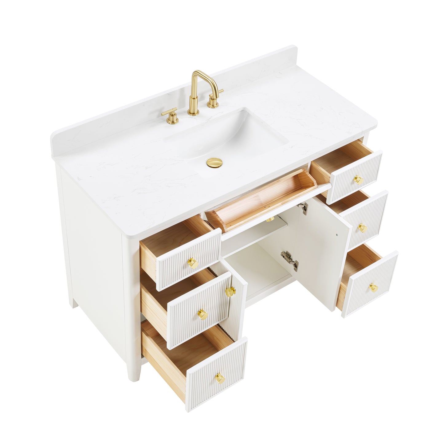 48" White Fluted Bathroom Vanity with Carrara White Engineered Stone Top, Undermount Sink, Solid Wood Frame, Soft-Close Doors, 7 Drawers & Fully Assembled