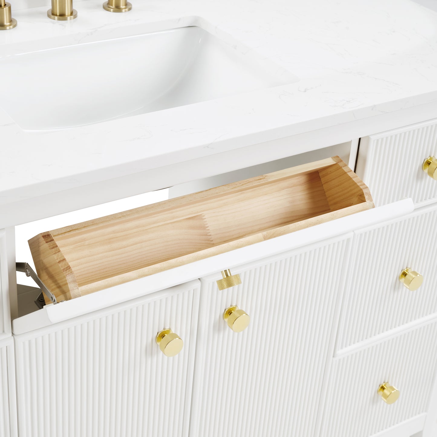 48" White Fluted Bathroom Vanity with Carrara White Engineered Stone Top, Undermount Sink, Solid Wood Frame, Soft-Close Doors, 7 Drawers & Fully Assembled