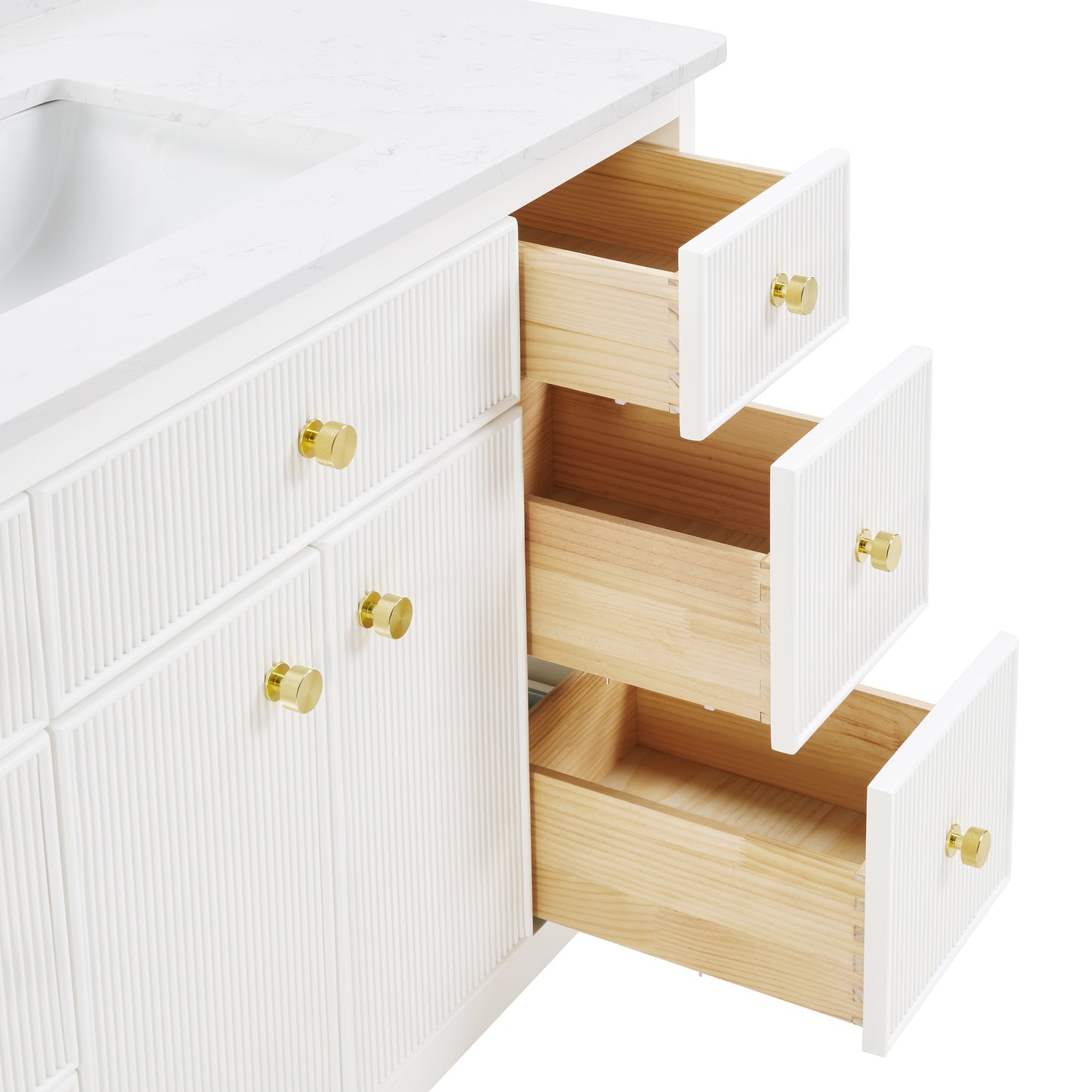 48" White Fluted Bathroom Vanity with Carrara White Engineered Stone Top, Undermount Sink, Solid Wood Frame, Soft-Close Doors, 7 Drawers & Fully Assembled