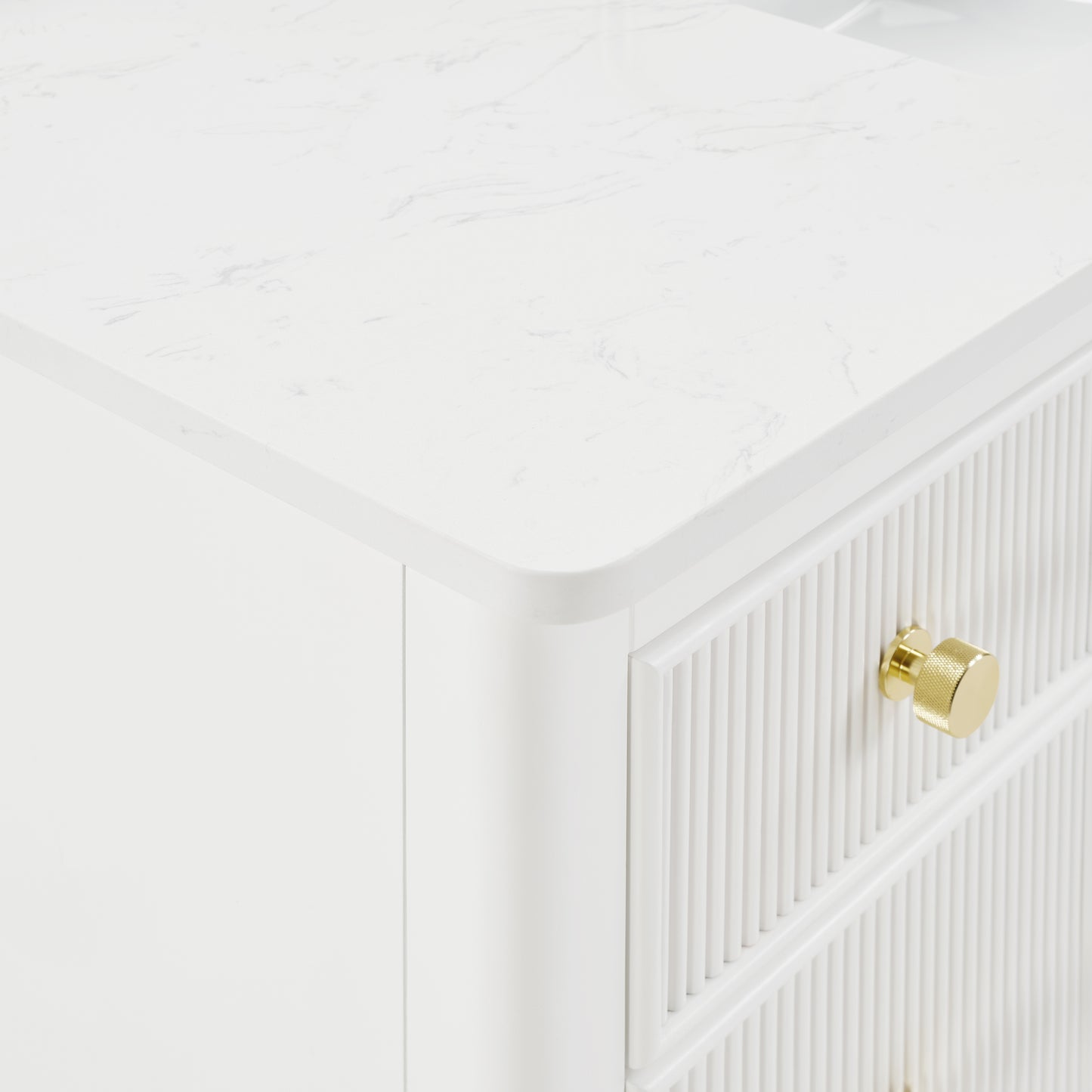 48" White Fluted Bathroom Vanity with Carrara White Engineered Stone Top, Undermount Sink, Solid Wood Frame, Soft-Close Doors, 7 Drawers & Fully Assembled