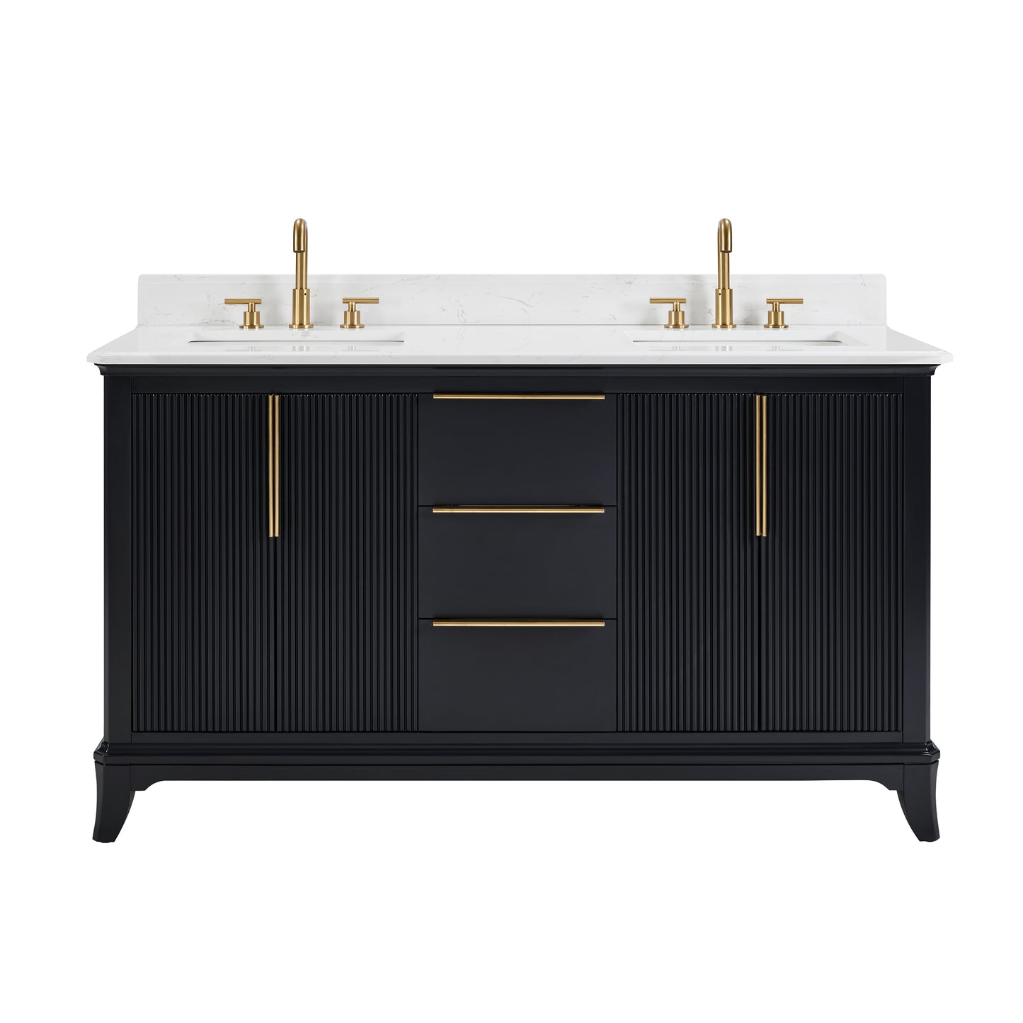 60" Black Fluted Double Sink Bathroom Vanity with White Engineered Stone Top, Dovetail Drawers, Soft-Close Doors & Fully Assembled
