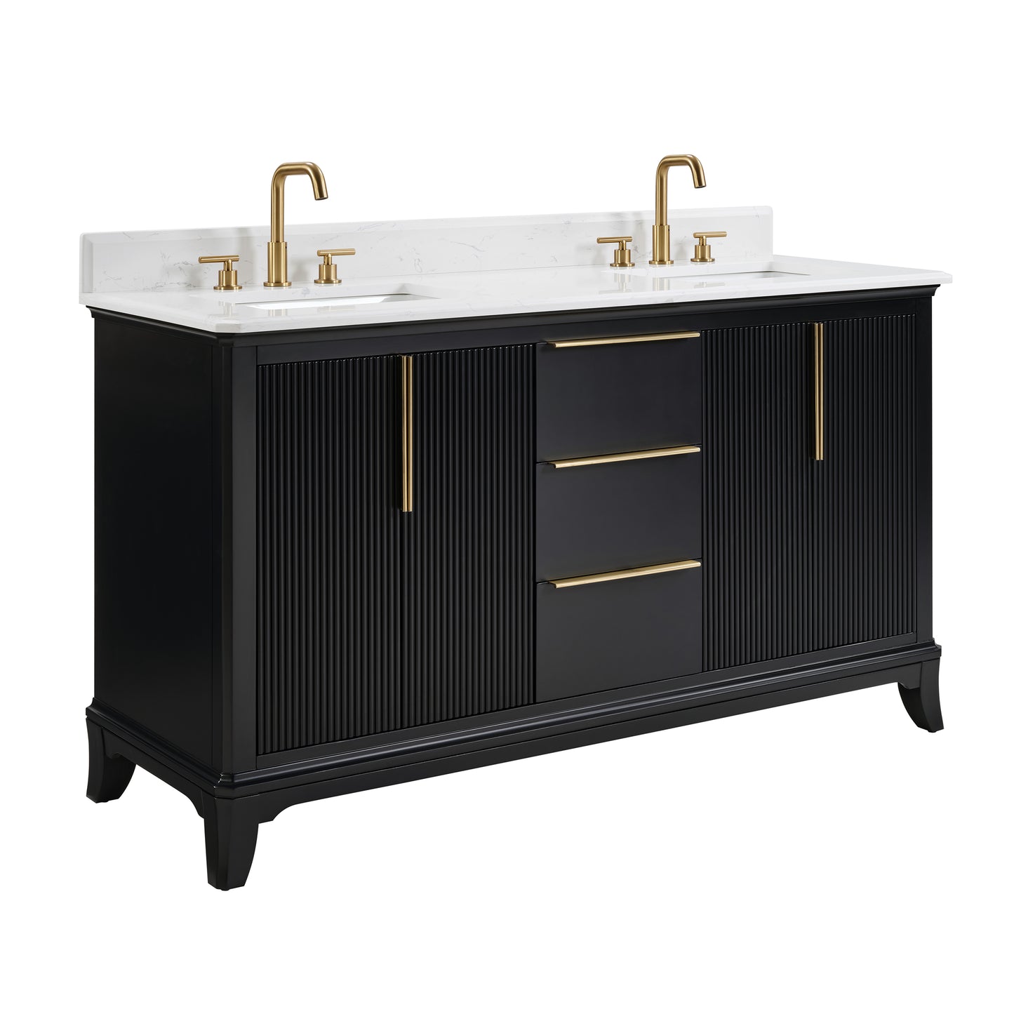 60" Black Fluted Double Sink Bathroom Vanity with White Engineered Stone Top, Dovetail Drawers, Soft-Close Doors & Fully Assembled