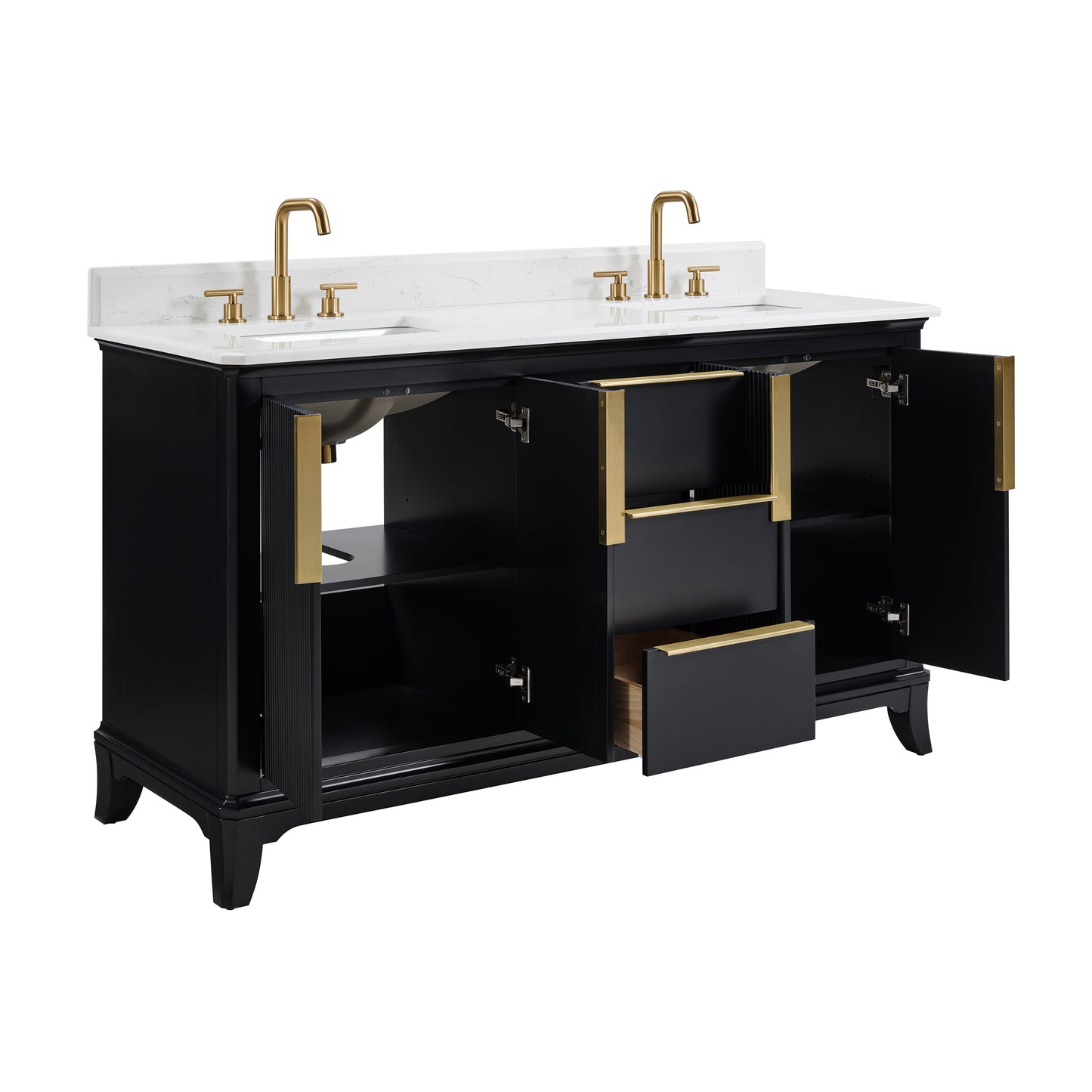 60" Black Fluted Double Sink Bathroom Vanity with White Engineered Stone Top, Dovetail Drawers, Soft-Close Doors & Fully Assembled