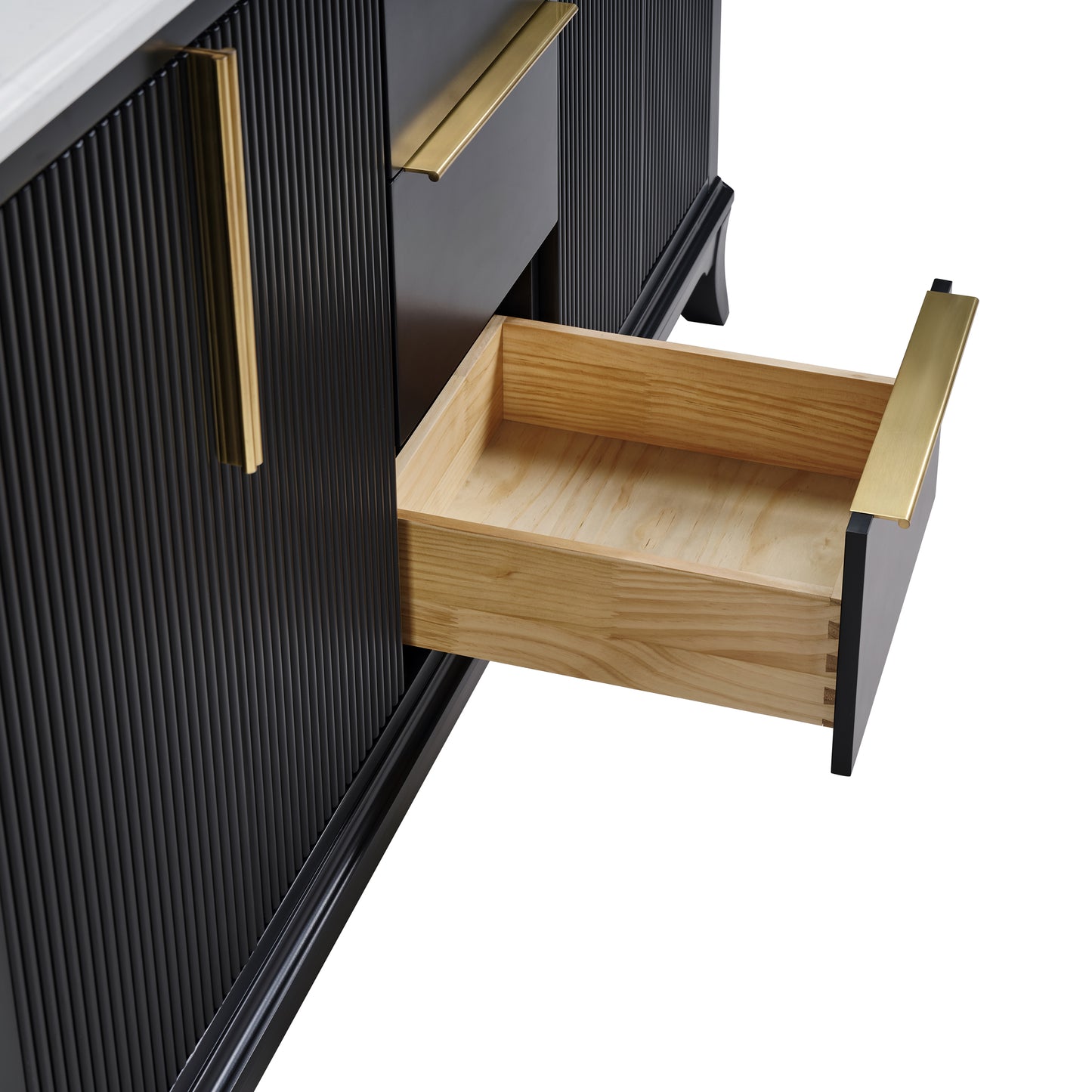 60" Black Fluted Double Sink Bathroom Vanity with White Engineered Stone Top, Dovetail Drawers, Soft-Close Doors & Fully Assembled