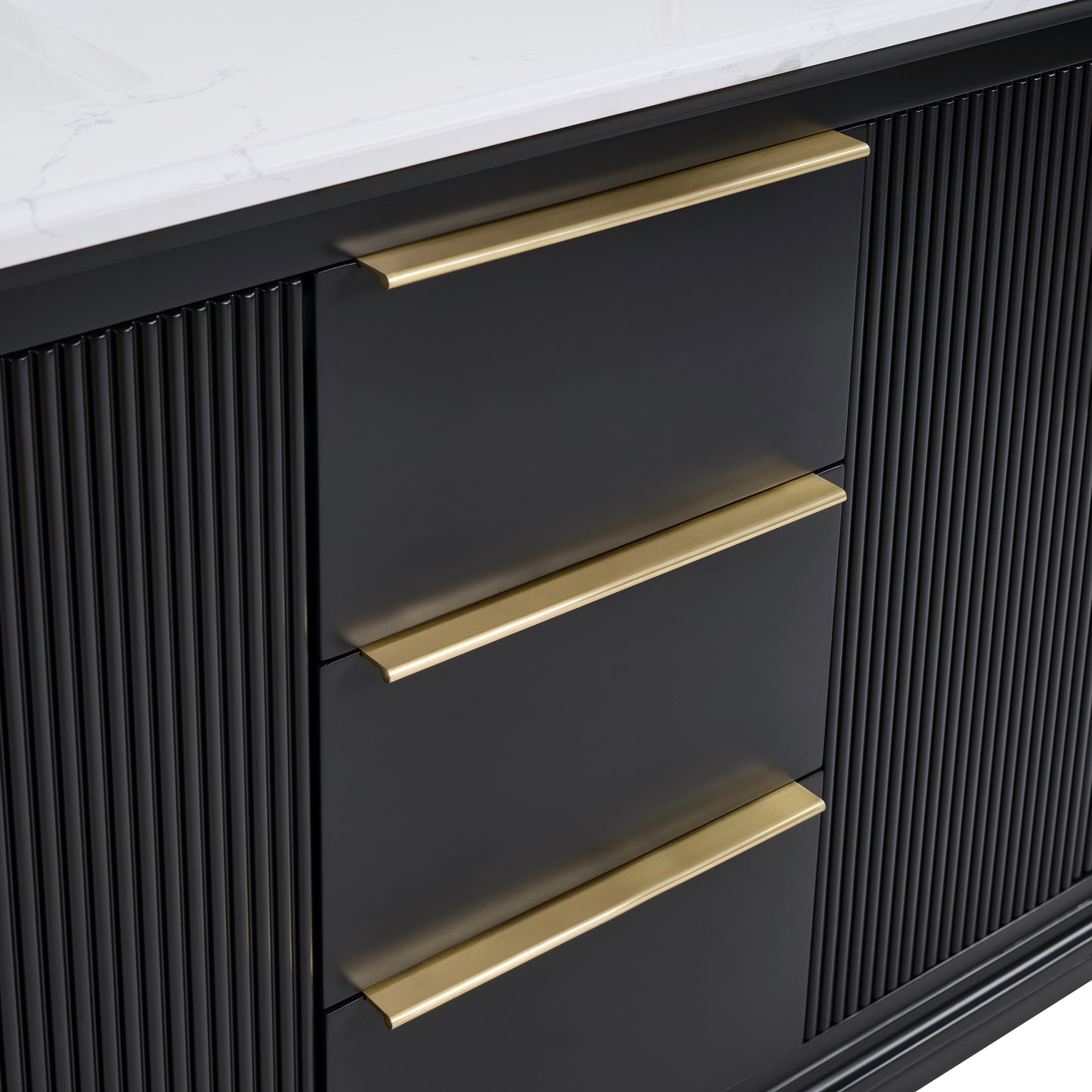 60" Black Fluted Double Sink Bathroom Vanity with White Engineered Stone Top, Dovetail Drawers, Soft-Close Doors & Fully Assembled