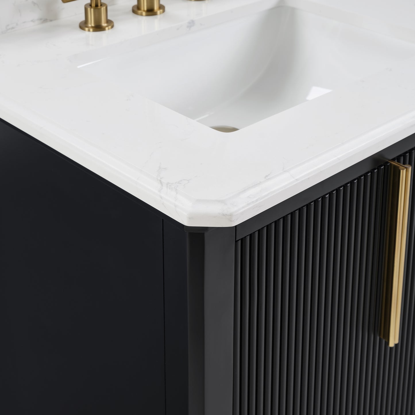 60" Black Fluted Double Sink Bathroom Vanity with White Engineered Stone Top, Dovetail Drawers, Soft-Close Doors & Fully Assembled