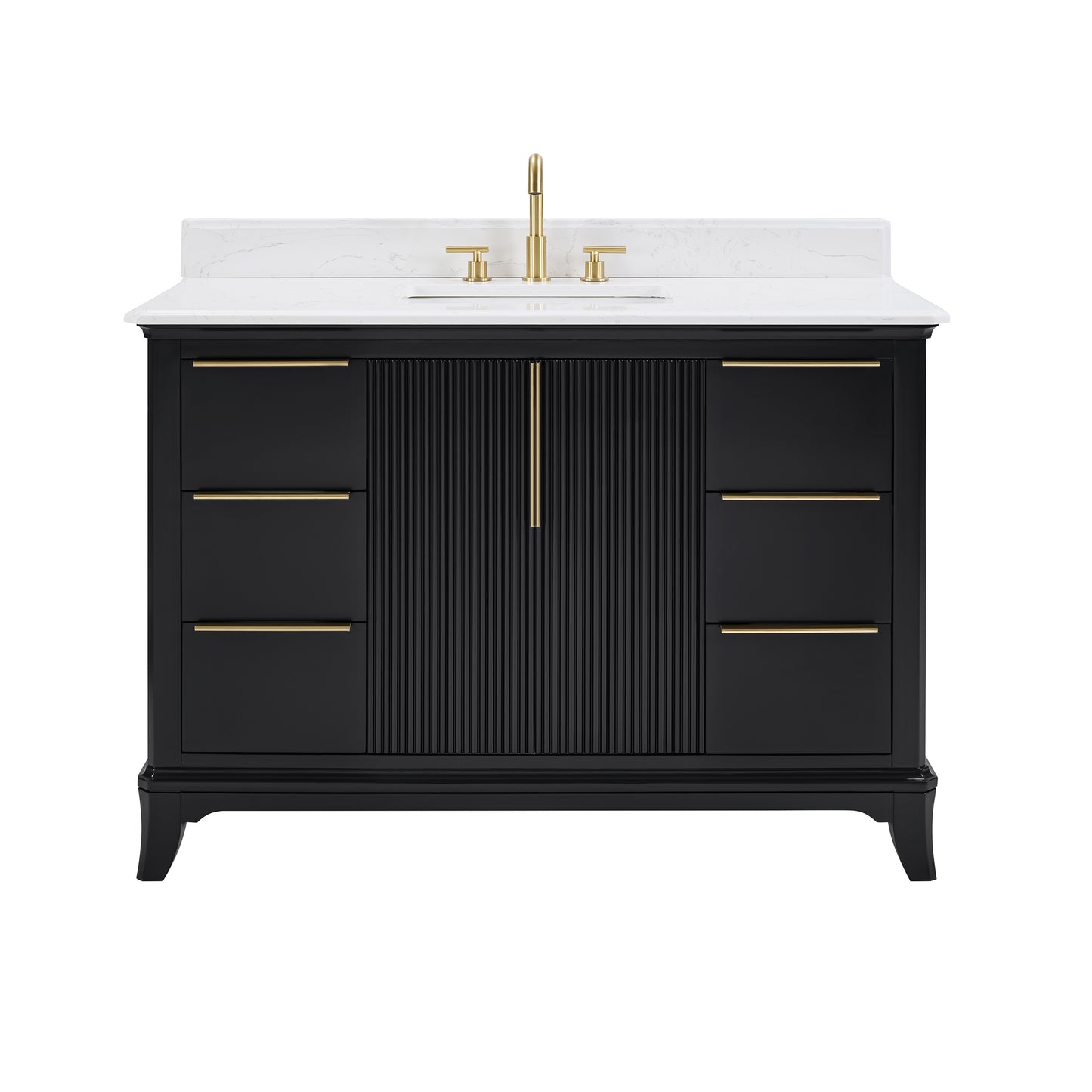 48" Black Fluted Bathroom Vanity with Carrara White Solid Surface Top, Undermount Sink, Solid Wood Frame, 6 Drawers & Fully Assembled