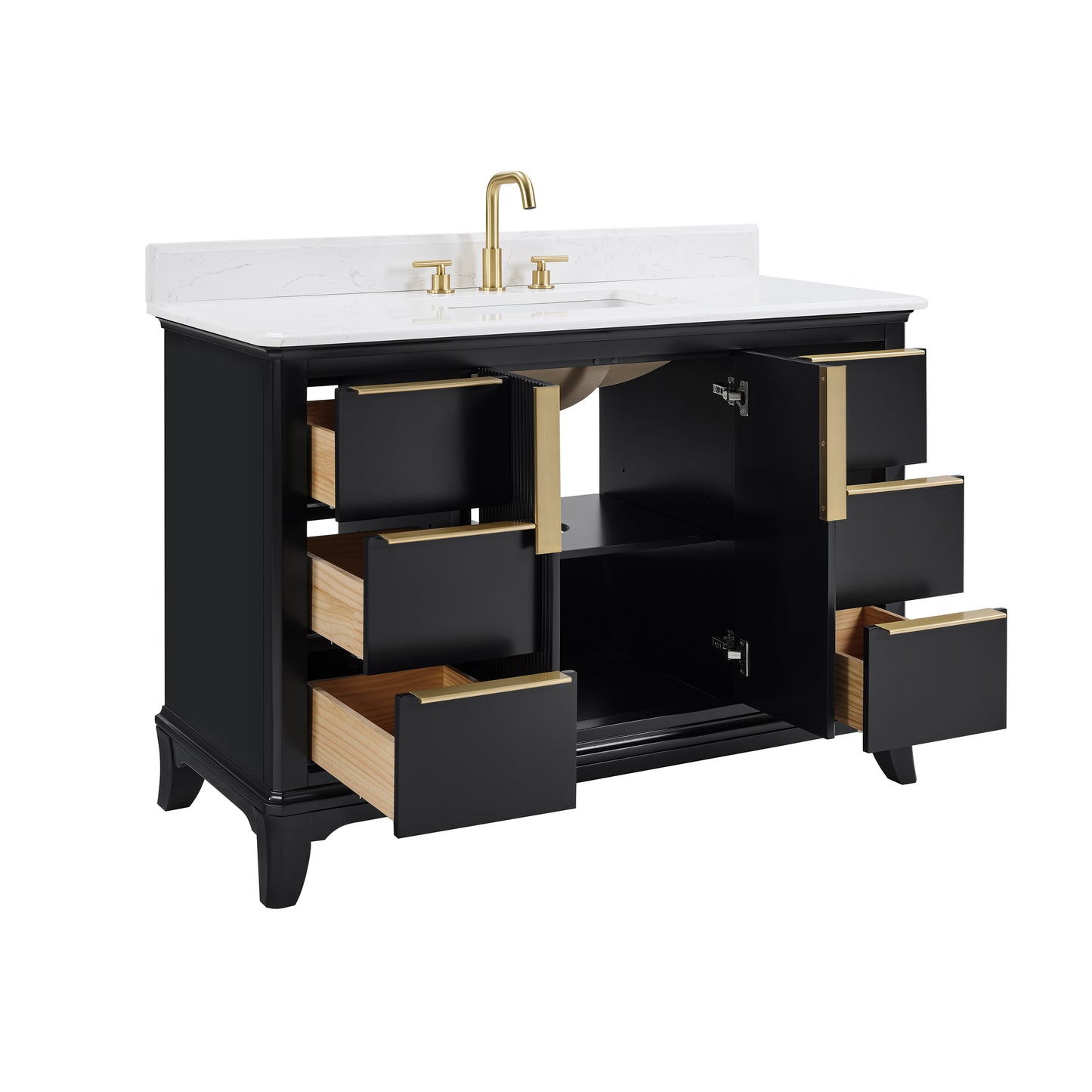 48" Black Fluted Bathroom Vanity with Carrara White Solid Surface Top, Undermount Sink, Solid Wood Frame, 6 Drawers & Fully Assembled