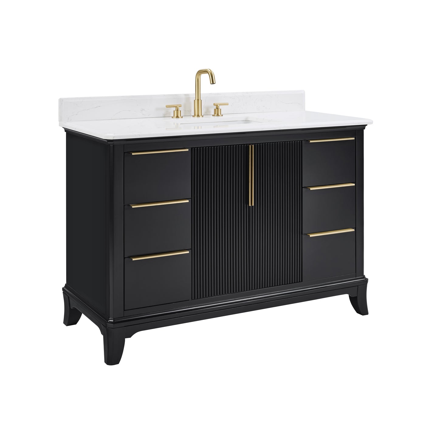 48" Black Fluted Bathroom Vanity with Carrara White Solid Surface Top, Undermount Sink, Solid Wood Frame, 6 Drawers & Fully Assembled