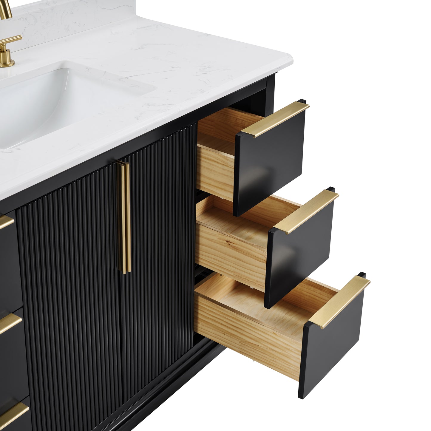 48" Black Fluted Bathroom Vanity with Carrara White Solid Surface Top, Undermount Sink, Solid Wood Frame, 6 Drawers & Fully Assembled