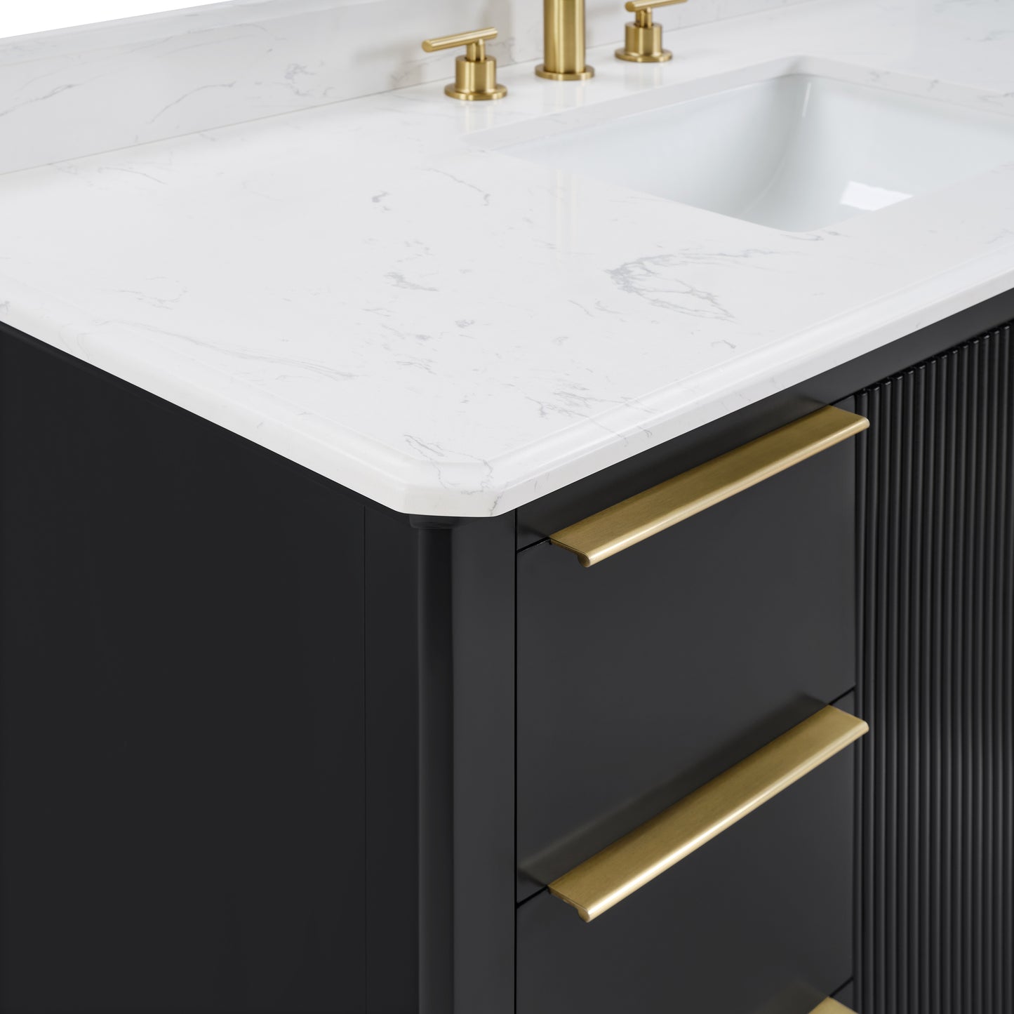 48" Black Fluted Bathroom Vanity with Carrara White Solid Surface Top, Undermount Sink, Solid Wood Frame, 6 Drawers & Fully Assembled