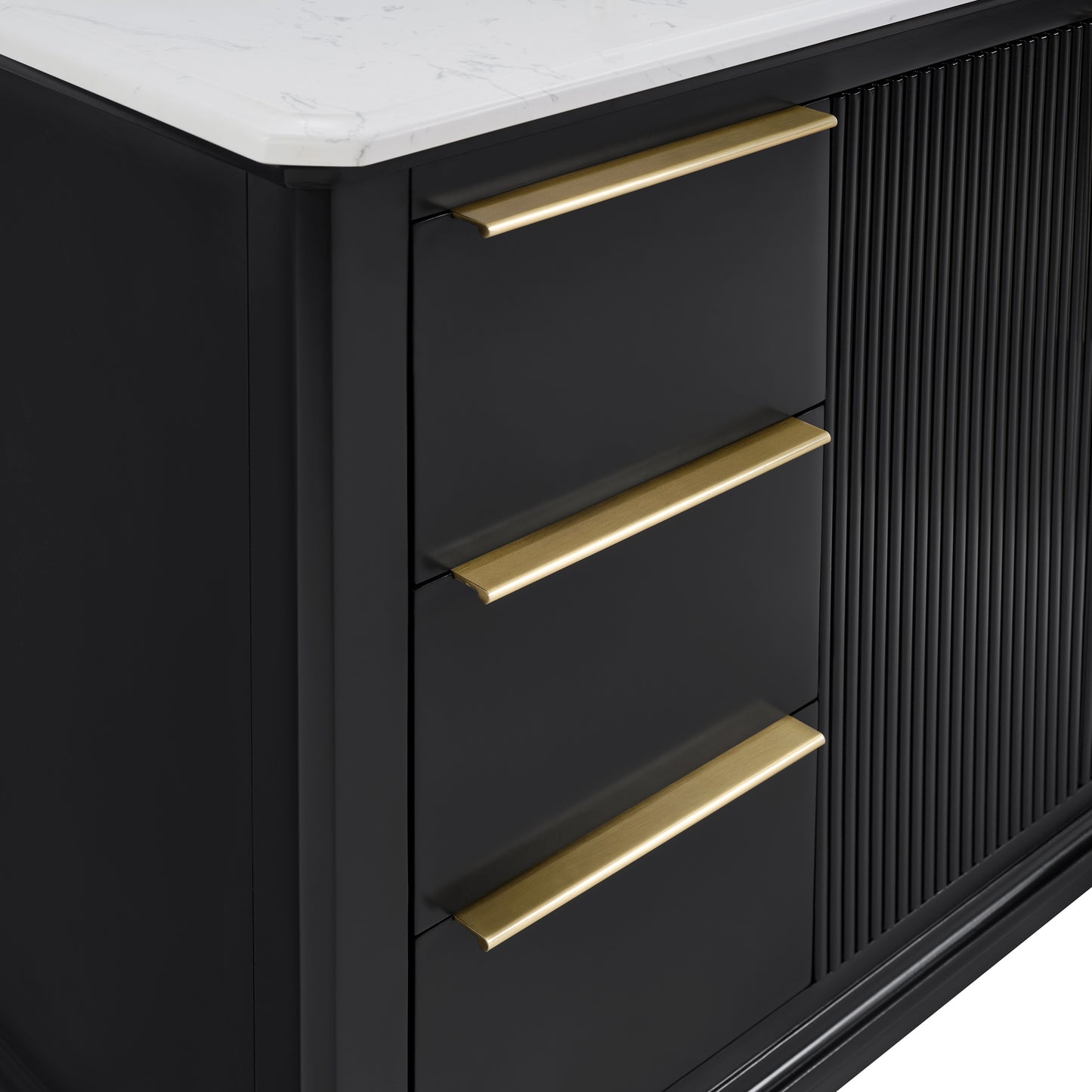 48" Black Fluted Bathroom Vanity with Carrara White Solid Surface Top, Undermount Sink, Solid Wood Frame, 6 Drawers & Fully Assembled