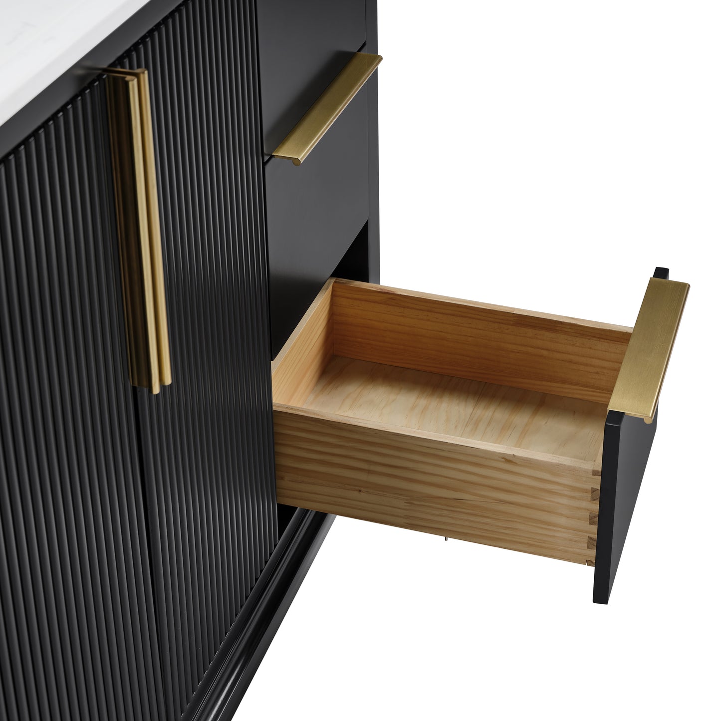 48" Black Fluted Bathroom Vanity with Carrara White Solid Surface Top, Undermount Sink, Solid Wood Frame, 6 Drawers & Fully Assembled