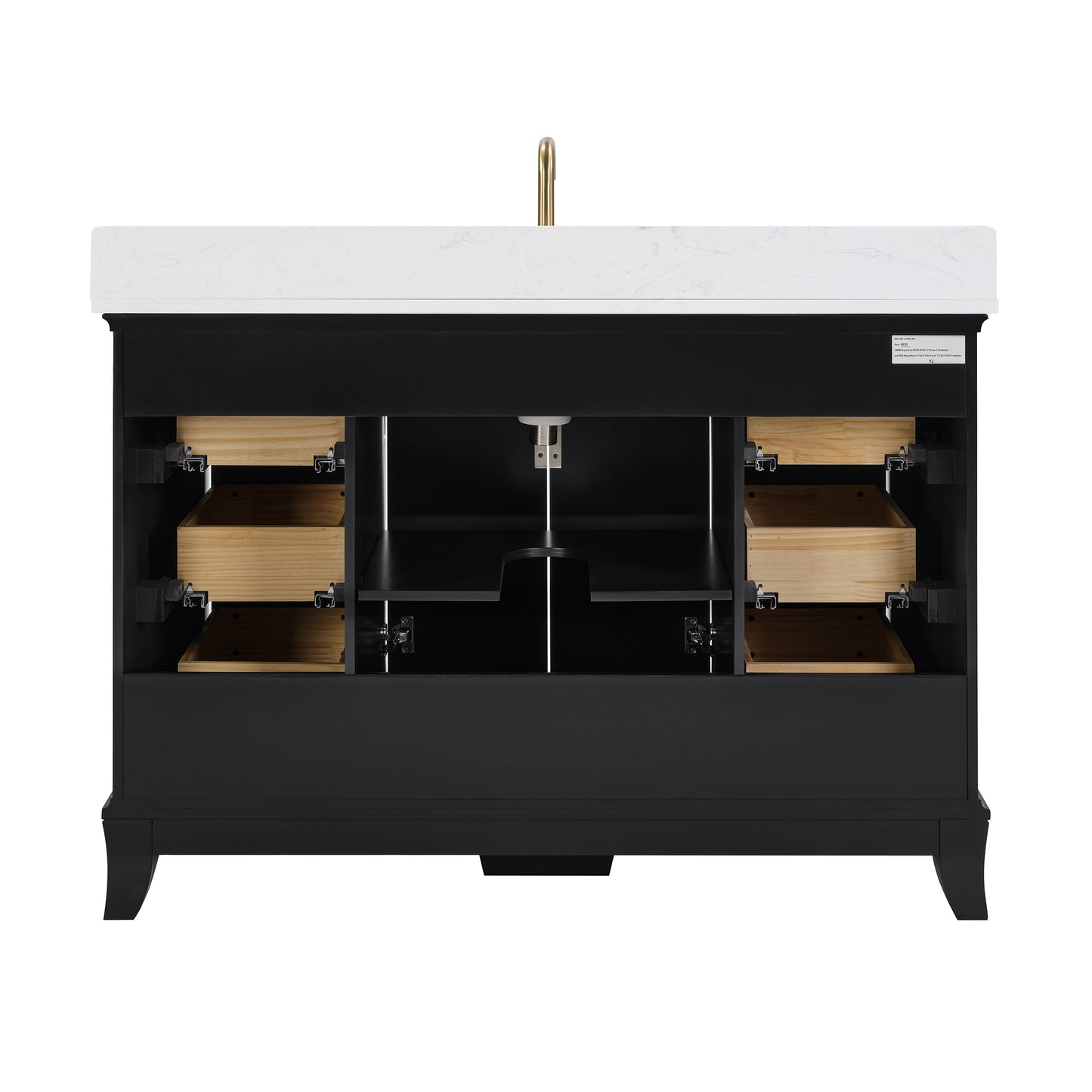 48" Black Fluted Bathroom Vanity with Carrara White Solid Surface Top, Undermount Sink, Solid Wood Frame, 6 Drawers & Fully Assembled