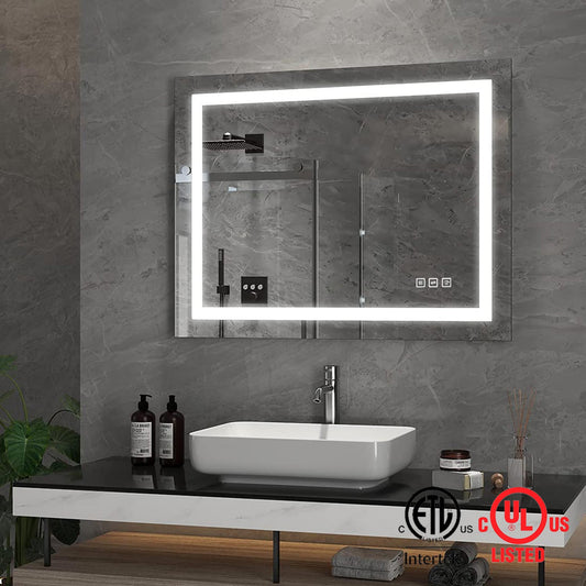 36 in. W x 28 in. H LED Rectangular Frameless Anti-Fog Wall Bathroom Mirror Front Light