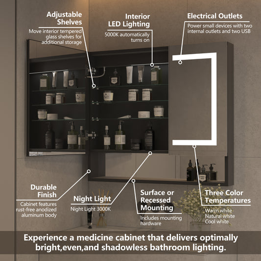 36 in. W x 32 in. H Double Door Black Surface Mount Medicine Cabinet with Mirror and Lighted Motion Sensor