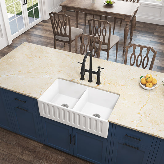 White Fireclay Ceramic 33 in. Double Bowl Farmhouse Apron Workstation Kitchen Sink
