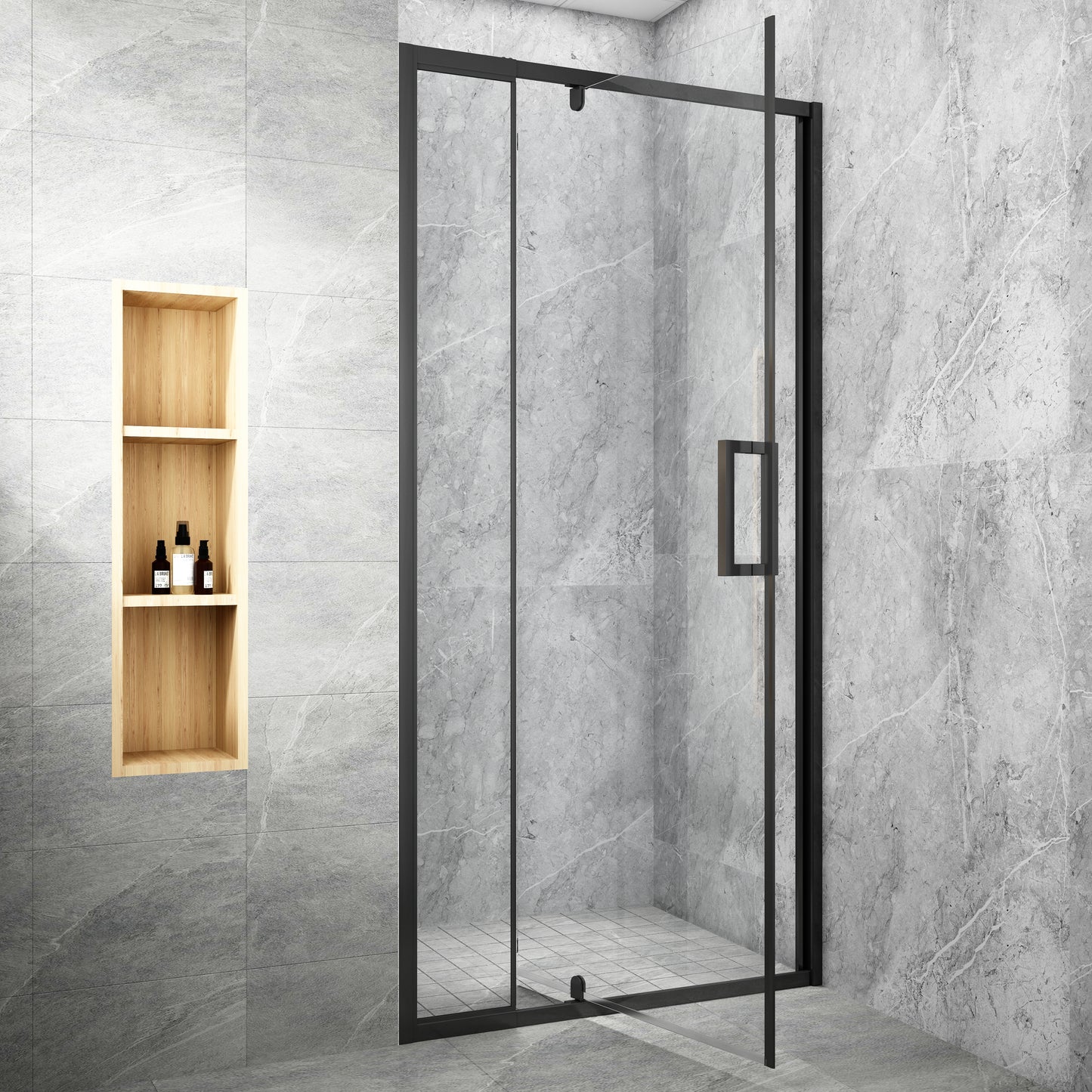 32-36 in. W x 72 in. H Pivot Swing Framed Shower Door Matte Black Clear Glass