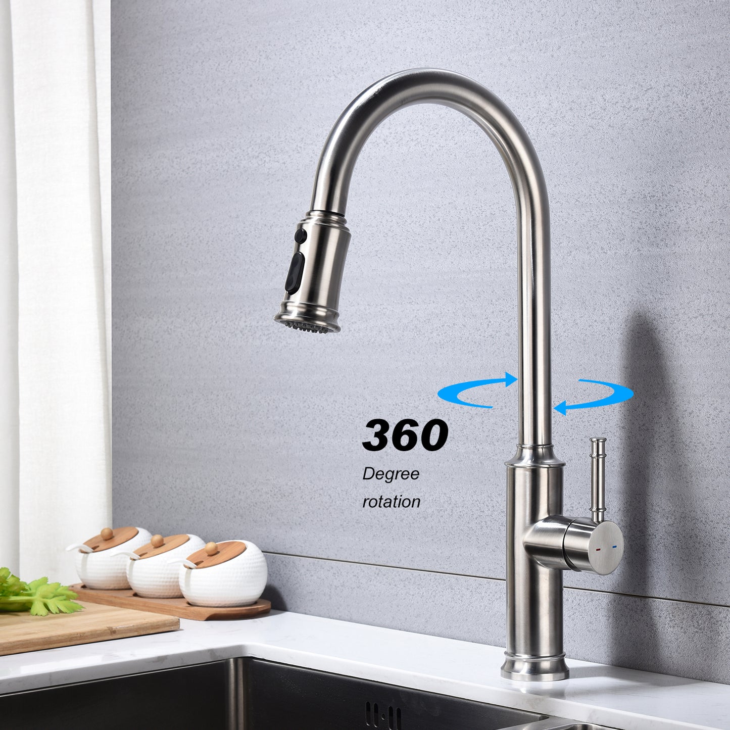 Single Hole/3 Holes Kitchen Faucet with Side Sprayer Head Pull Down/Out Clearance Brushed Nickel