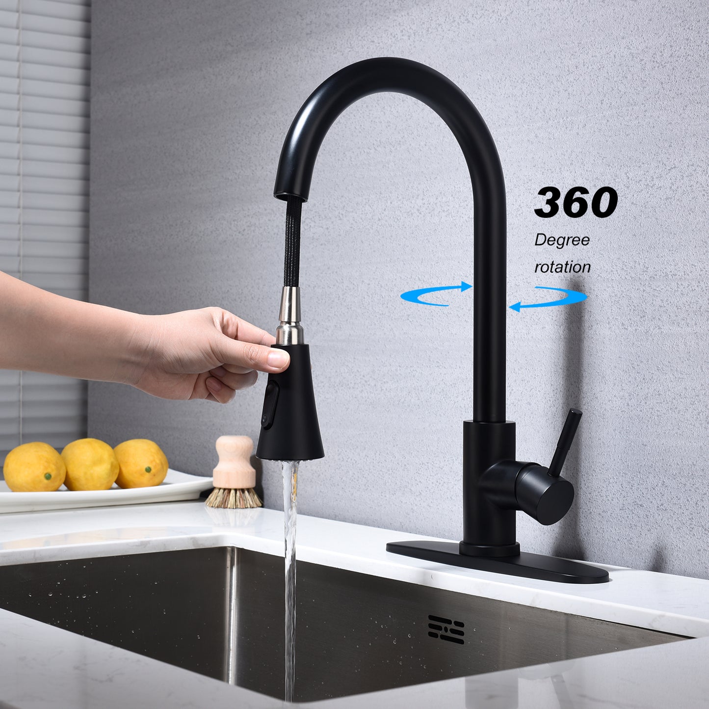 Pull Down Single Handle Kitchen Sink Faucet 1/3 Hole Stainless Steel Matte Black Stream and Spray