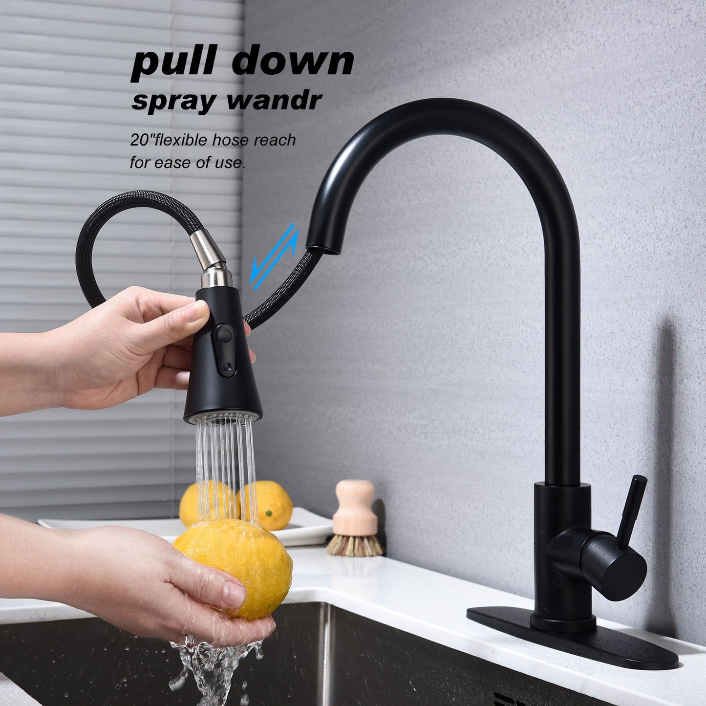 Pull Down Single Handle Kitchen Sink Faucet 1/3 Hole Stainless Steel Matte Black Stream and Spray