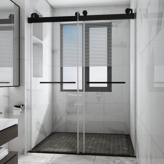 60 in. W x 76 in. H Sliding Frameless Shower Door Matte Black Clear Glass