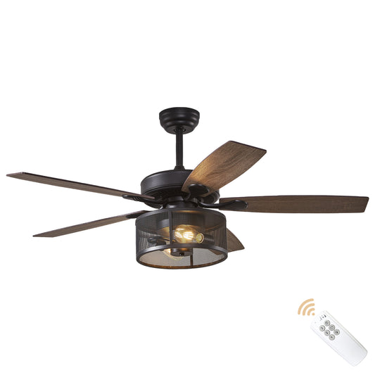 52" Indoor Solid Wood Black Retro Ceiling Fan With Lights With Remote Control