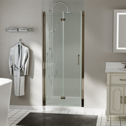 32-33.5 in. W x 72 in. H Bi-Fold Minimalist Frameless Shower Door Brushed Nichel Clear Glass
