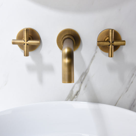 Wall Mounted Bathroom Faucet Vessel Sink Lavatory Basin Brass 2 Dual Double Cross Handles Knobs