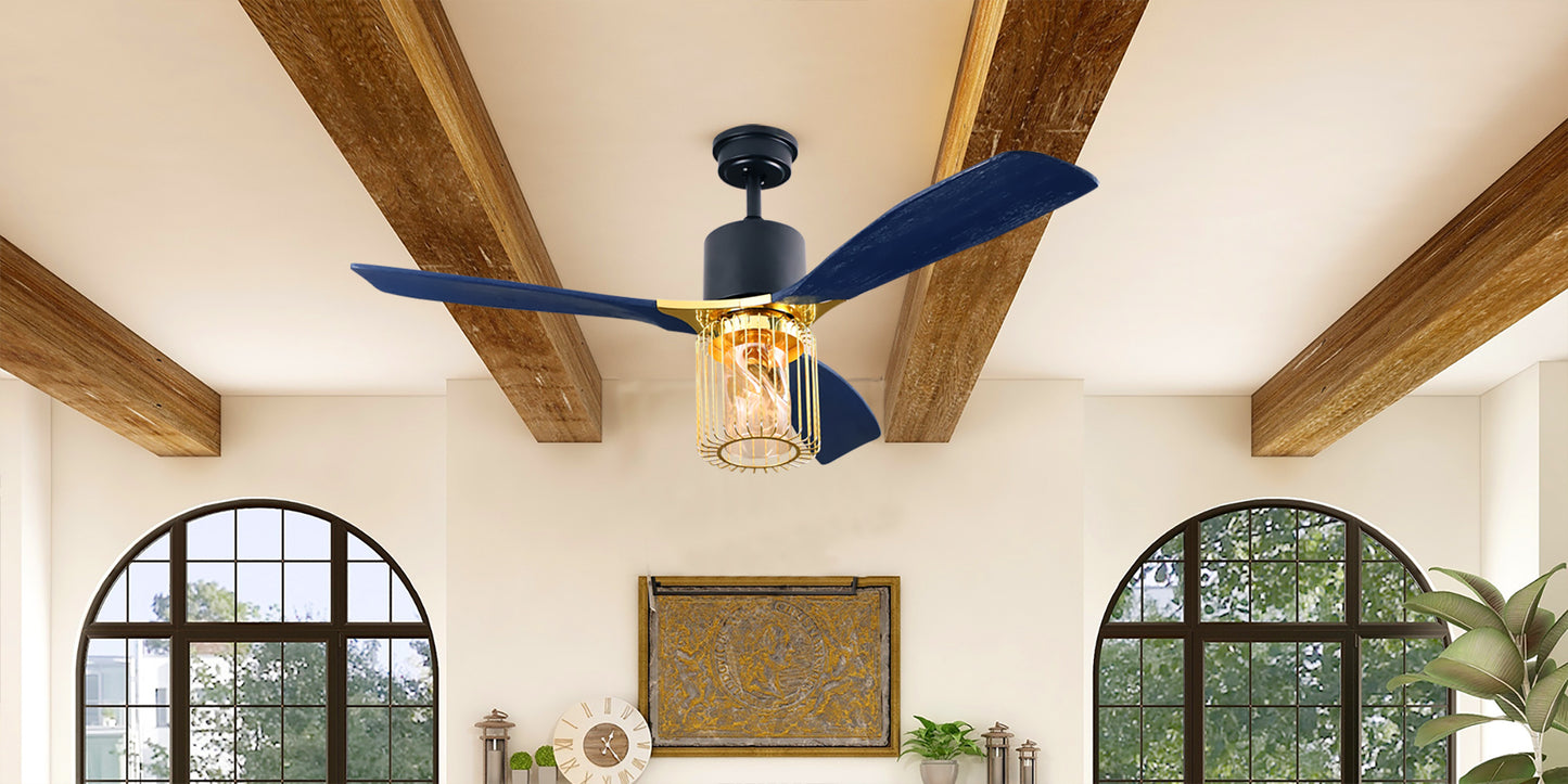 52" Indoor Solid Wood Matte Black Bright Gold Morden Ceiling Fan With Light And Remote Control