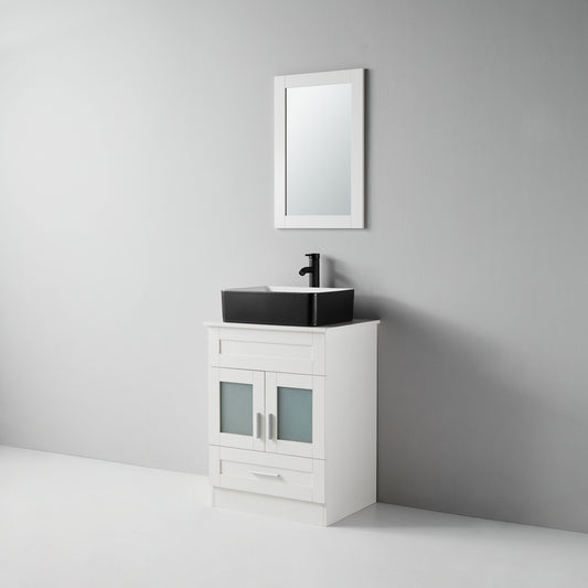 24 in.W x 19 in.D x 32.3 in.H White Wooden Minimalist Bathroom Cabinet with Square Black Ceramic Sink, Faucet, Mirror