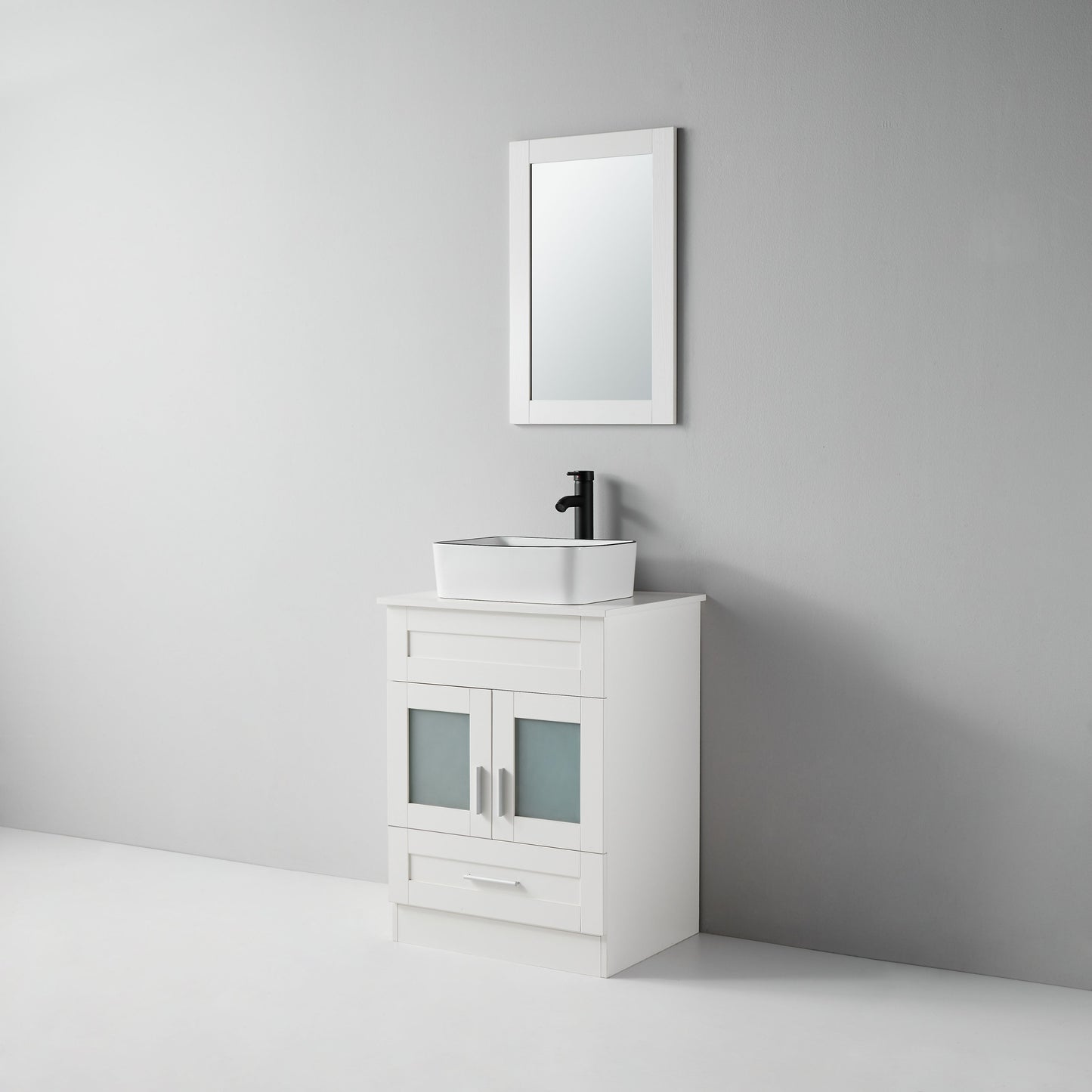 24 in.W x 19 in.D x 32.3 in.H White Wooden Minimalist Bathroom Cabinet with Square White Ceramic Sink, Faucet, Mirror