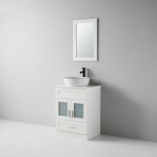24 in.W x 19 in.D x 32.3 in.H White Wooden Minimalist Bath Cabinet with Round White Ceramic Sink, Faucet, Mirror