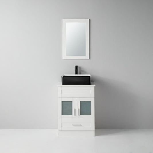 24 in.W x 19 in.D x 32.3 in.H White Wooden Minimalist Bathroom Cabinet with Square Black Ceramic Sink, Faucet, Mirror